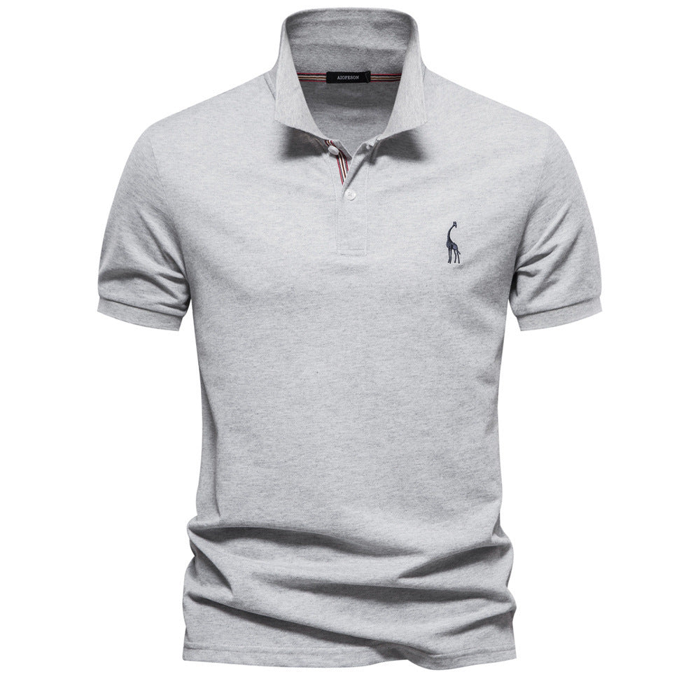 Deer Embroidered Men's T-shirt Solid Color Polo Collar Basic Style Short-sleeved Shirt Men