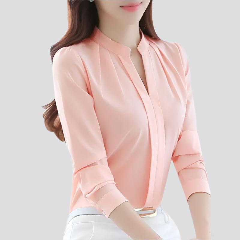 New Style V-neck Long-sleeved Elegant Ladies Office Chiffon Shirt