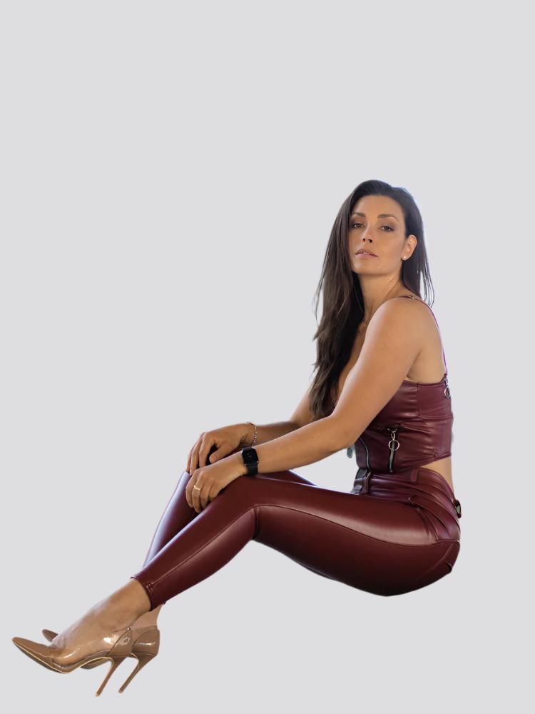 Shascullfites 2 Piece Sets Legging Women Outfit Burgundy Bodysuit Scrunch Bum Leather Leggings Pu Leather Suit Zipper Crop Top