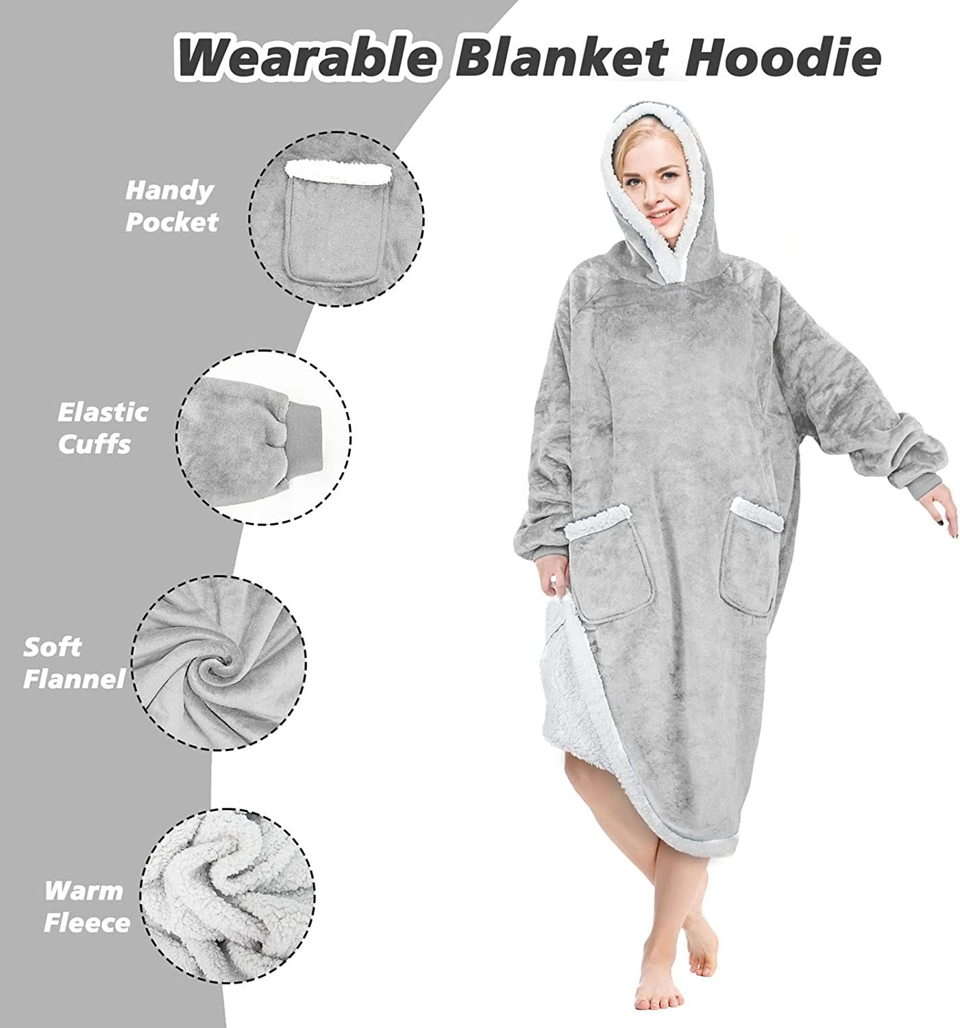 DUCHIFAD WearableBlanketHoodieOversized For Women Men  47.2in120cm Flannel FleecePolyester