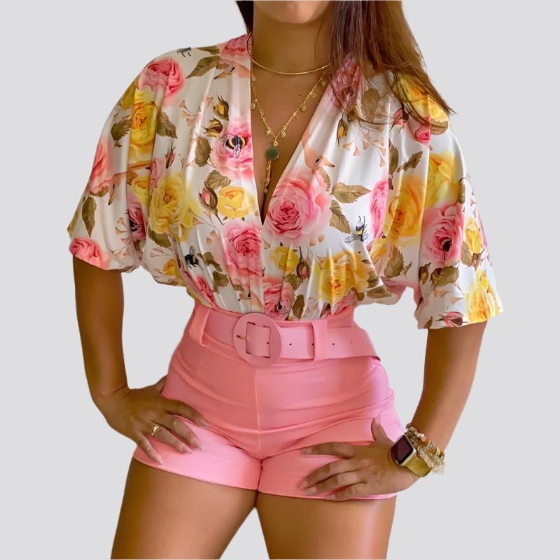 Women 2 Piece Set Spring V Neck Floral Print Half Sleeve Crop Top