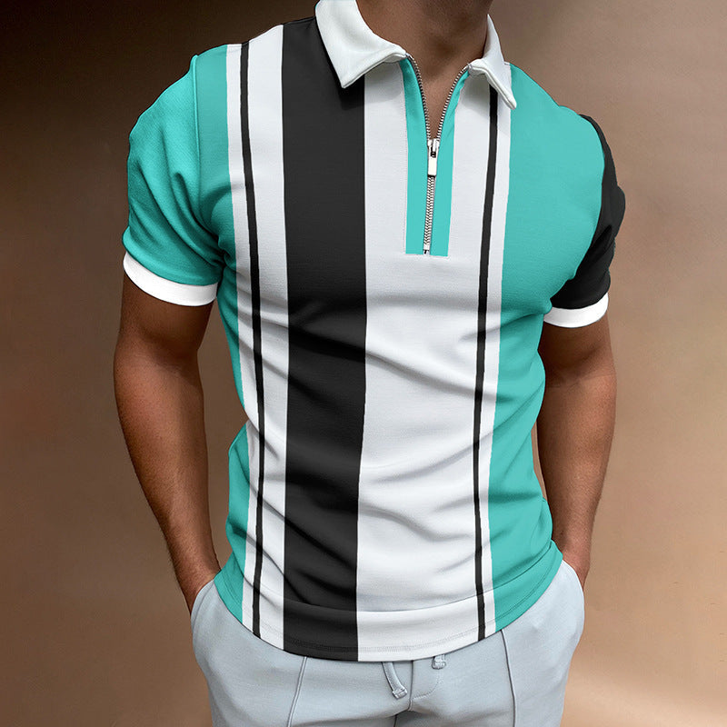 POLO Lapel Casual Short Khaki Striped T-Shirt