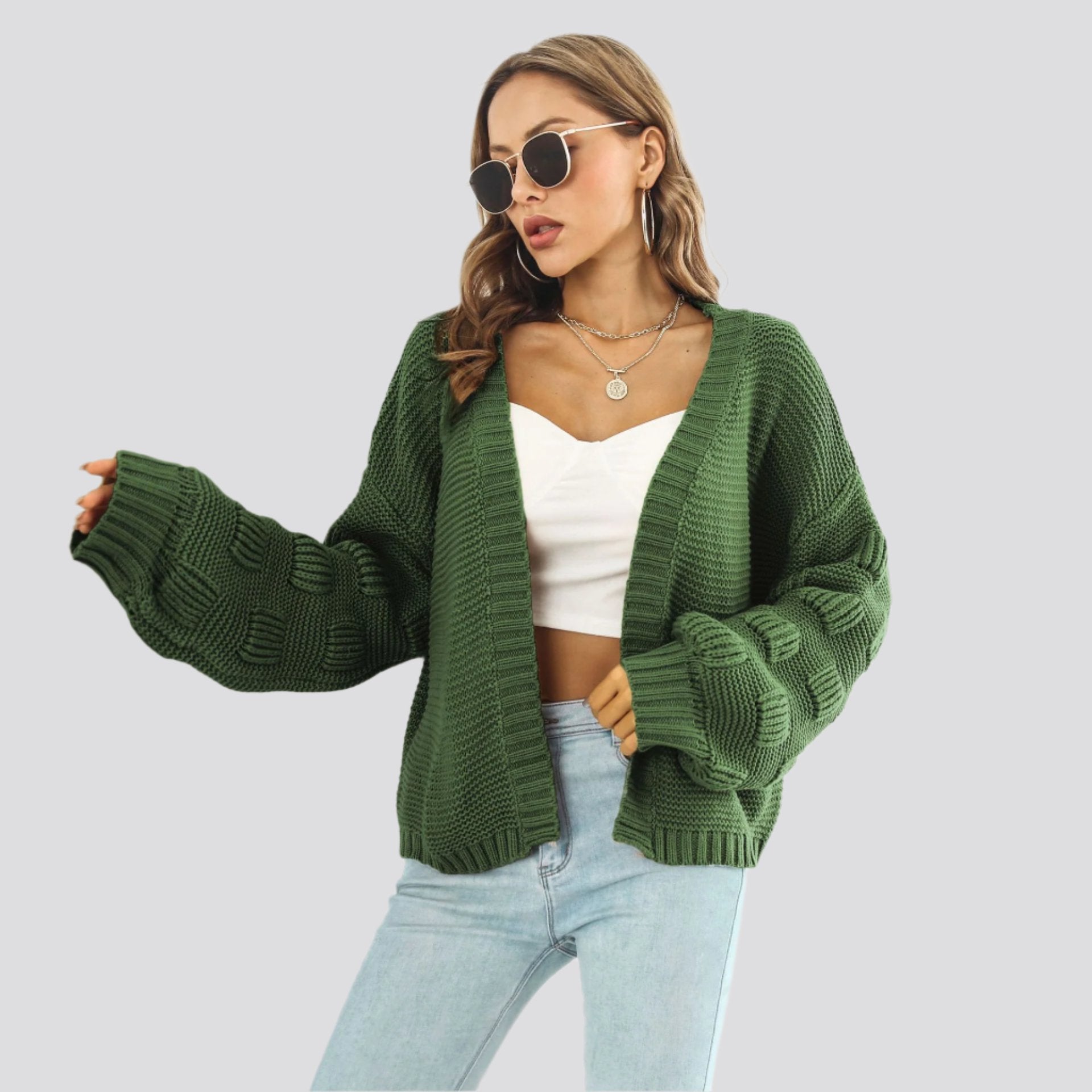 Puff Sleeve Cardigan Sweater Women Clothes Front Chunky Knitwear Coat