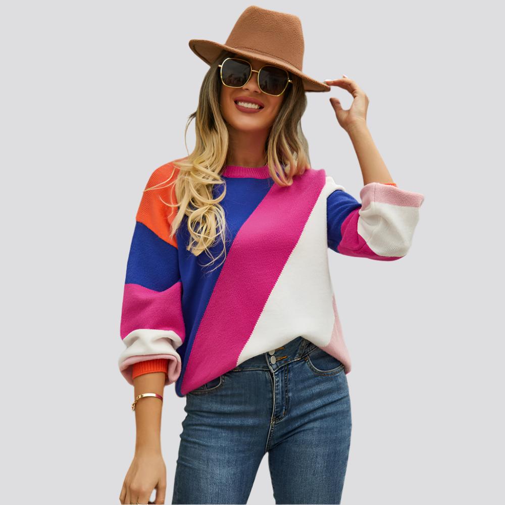 Women's Fashionable Simple Striped Patchwork Round Neck Sweater