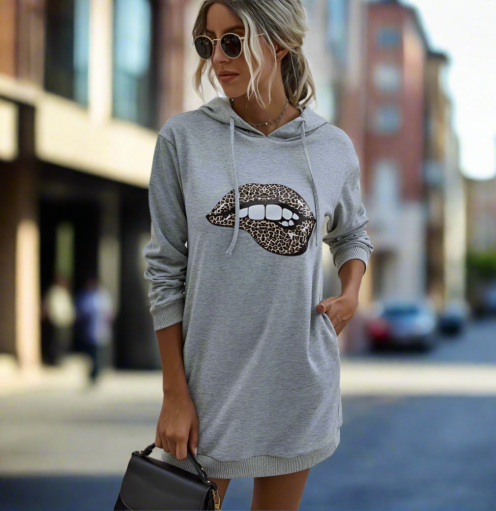 Autumn Lip Heat Transfer Mid-length Women's Hooded Sweater