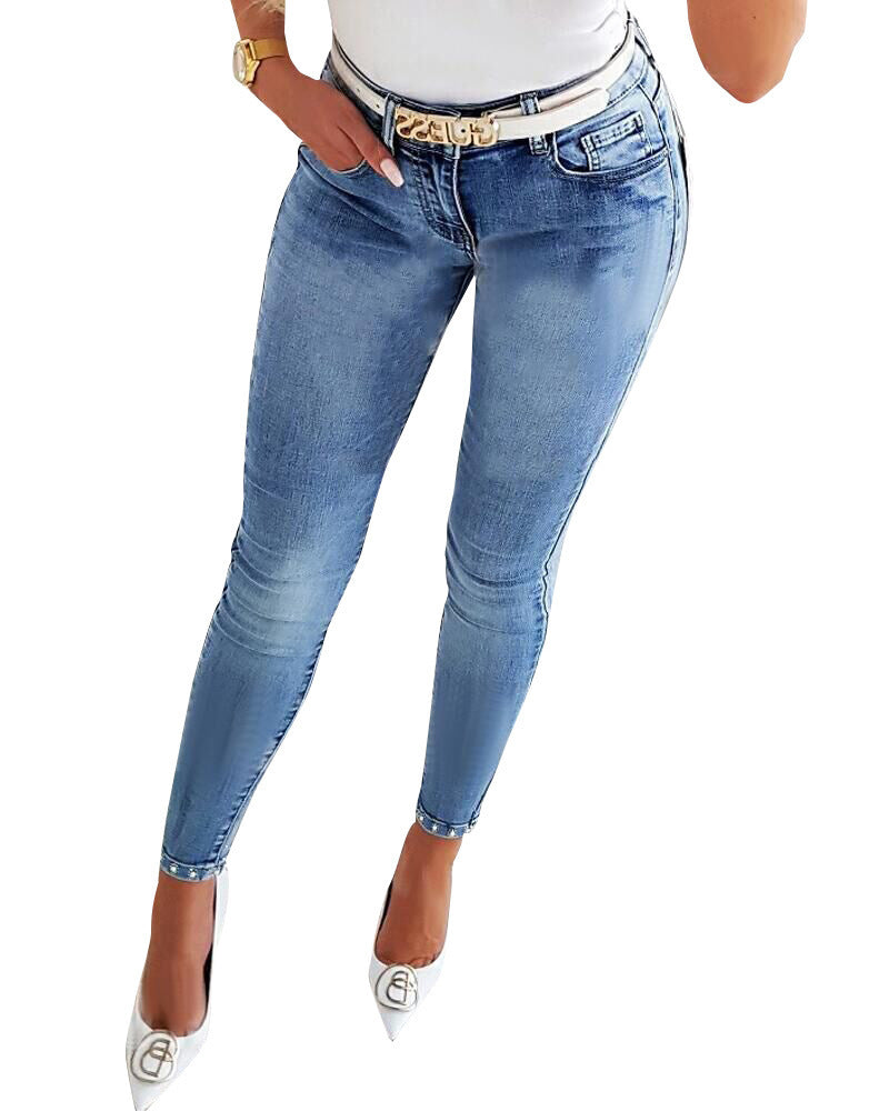 Women's Jeans European And American Trendy High Waist Beaded Skinny Tappered Pants