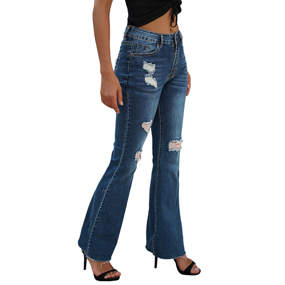 Women's High Waist Slim Jeans Washed And Frayed Wide Leg Pants Trousers