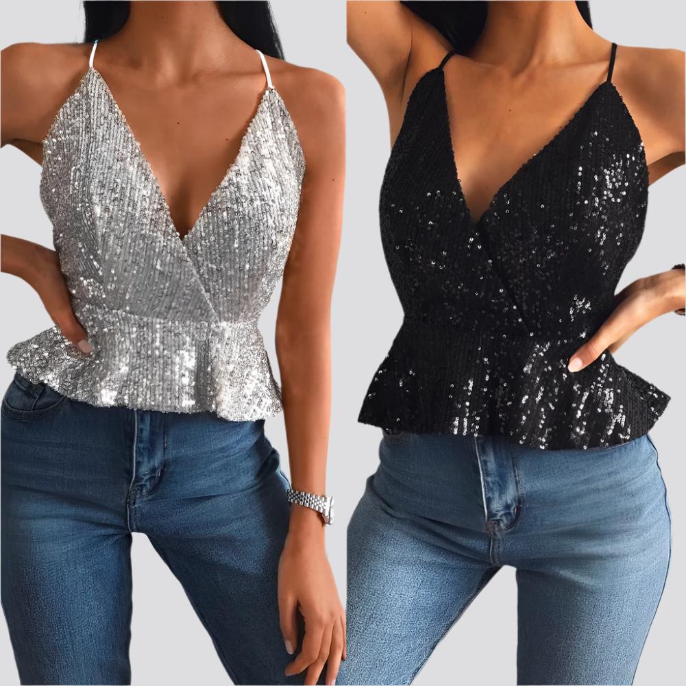 Women Sexy Luxury Sequined Crop Top Peplum Sleeveless Cropp