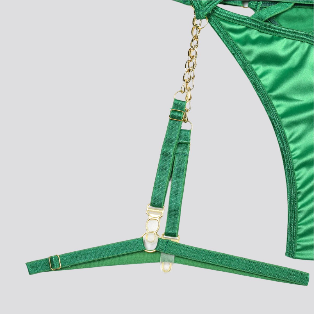 Green Satin High-end Lingerie Three-piece Set Women's Chain