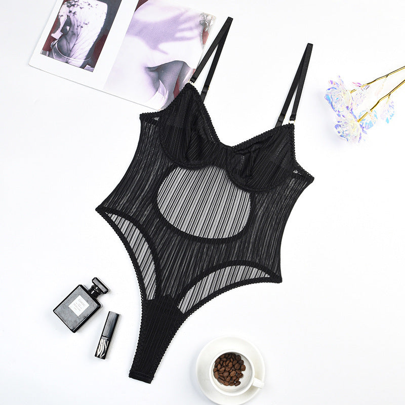 Steel Ring Gathered See-through Striped Mesh Shapewear Bodysuit