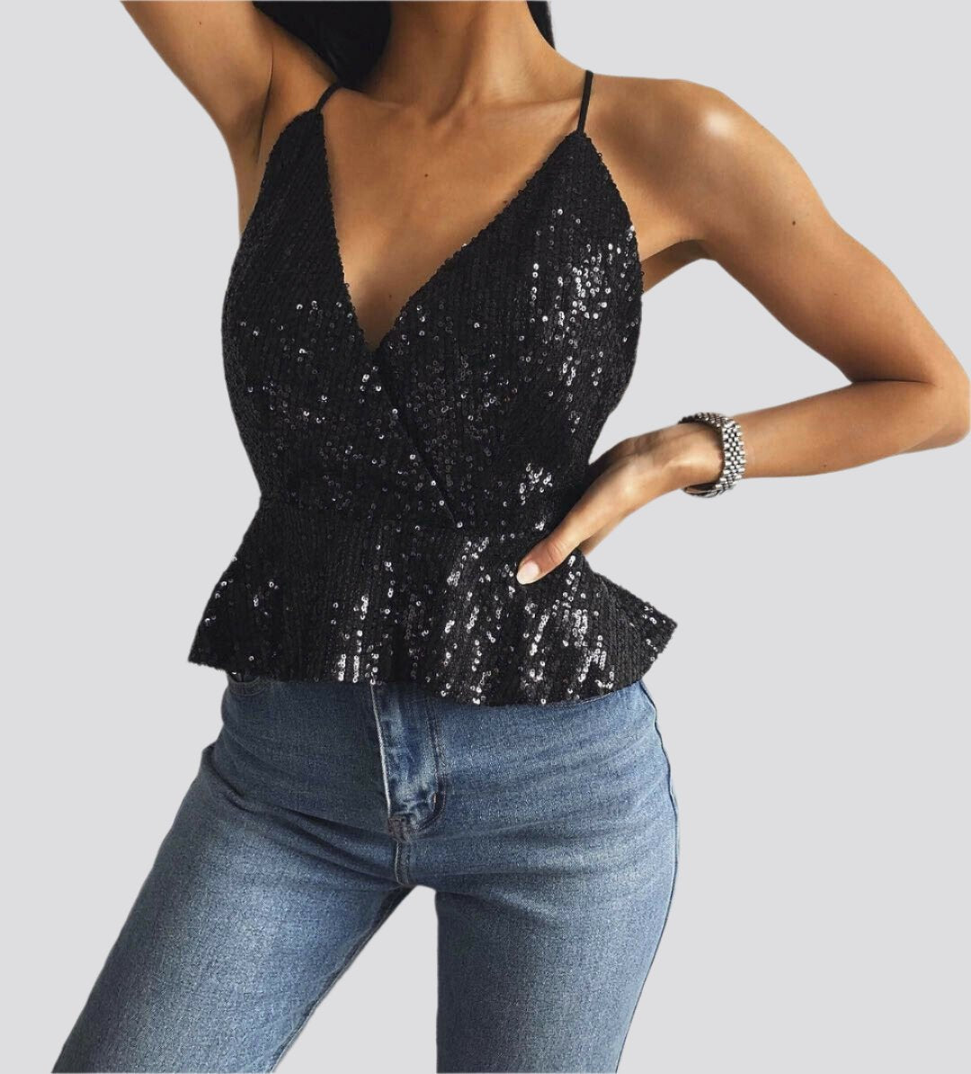 Women Sexy Luxury Sequined Crop Top Peplum Sleeveless Cropp