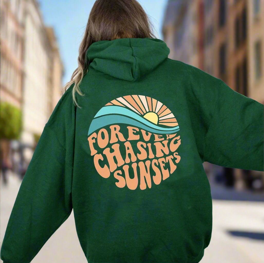 Fleece-lined Sunset Print Kangaroo Pocket Drawstring Hoodie