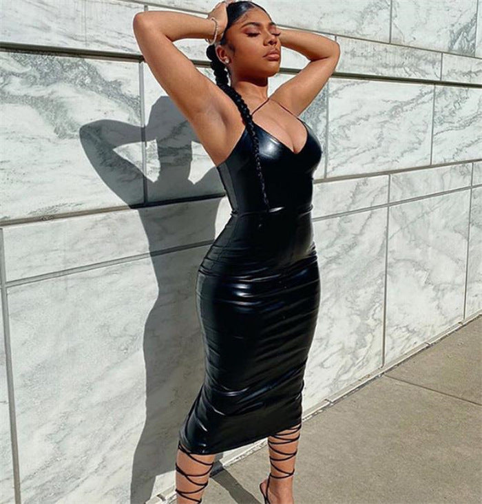 Leather Sling Dress V Neck Slit Midi Skirt