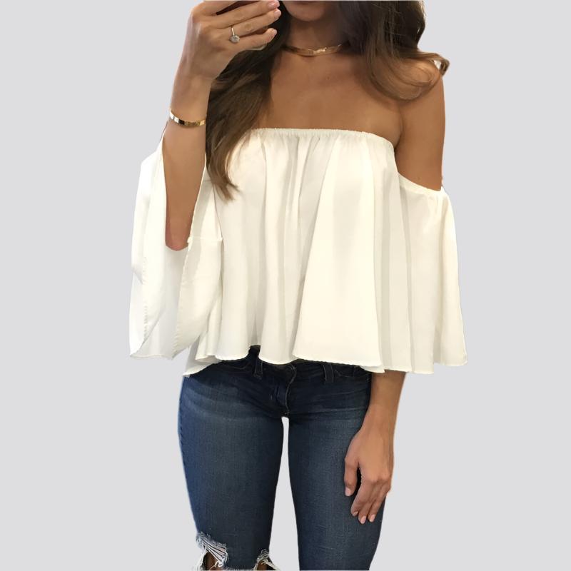 Wrapped chest collar long sleeve chiffon sexy top strapless loose T-shirt