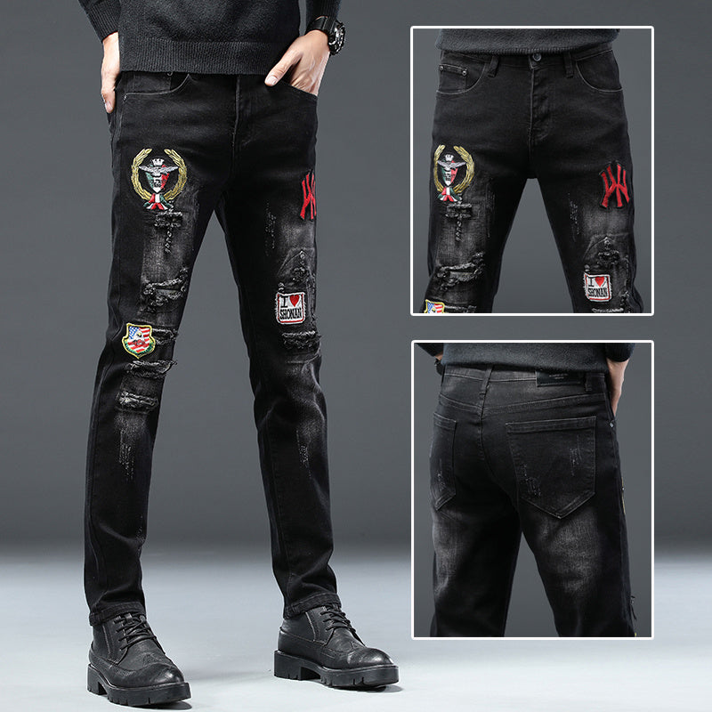 High-End Embroidered Ripped Slim-Fit Jeans