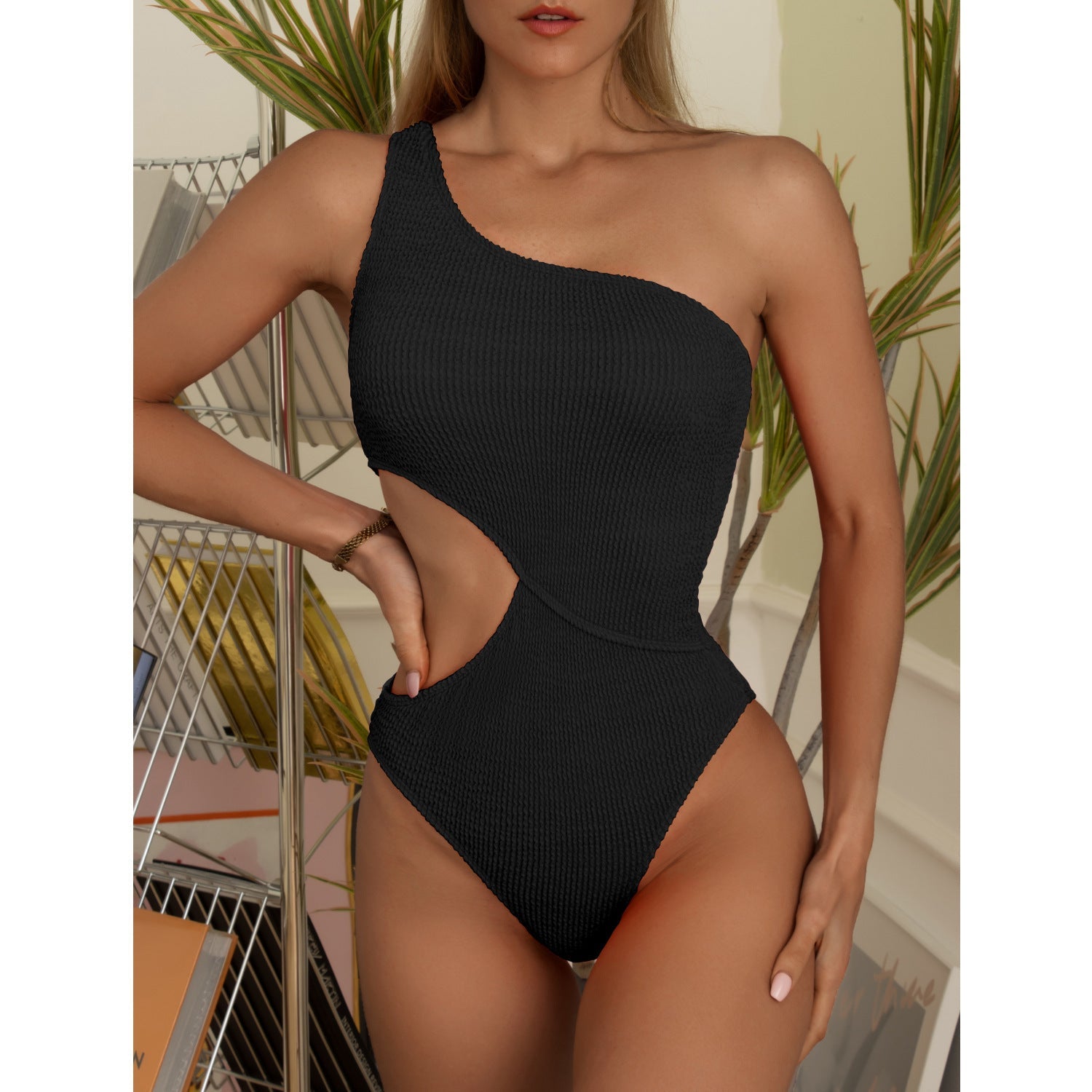 Swimsuit Womens  One Piece Bikini Solid Color One Shoulder Swimsuit