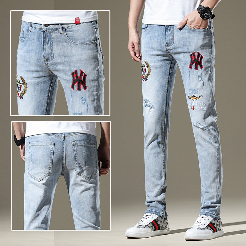 High-End Embroidered Ripped Slim-Fit Jeans