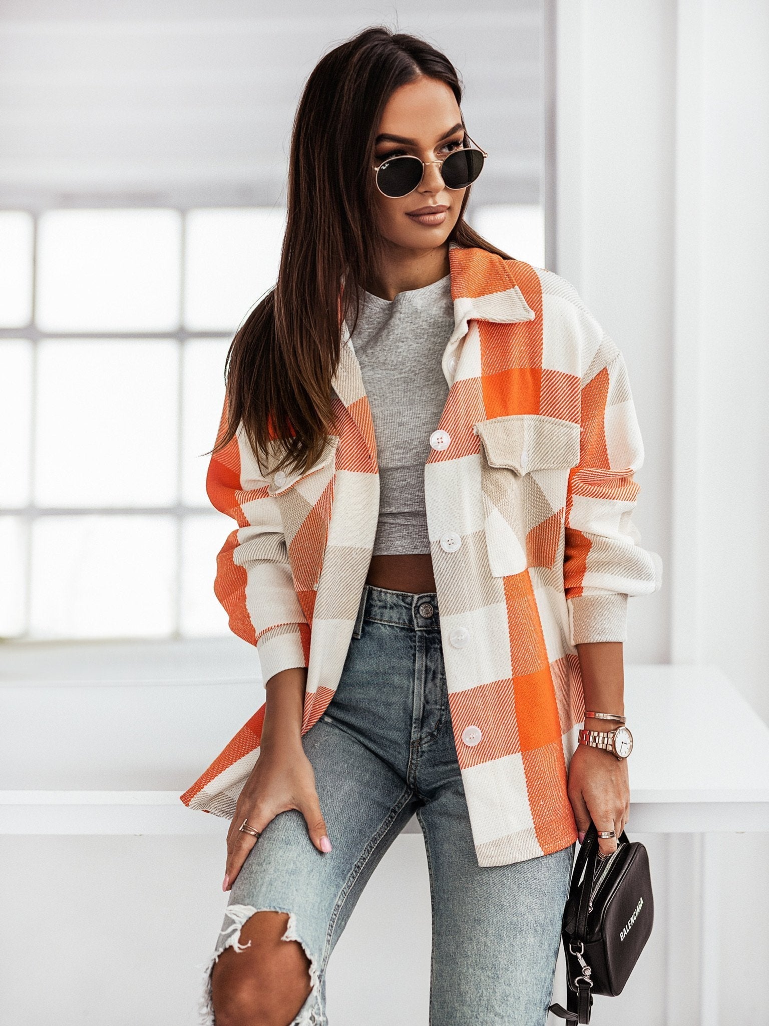 Women's Fashionable Color Plaid Shirt Brushed Woolen Coat