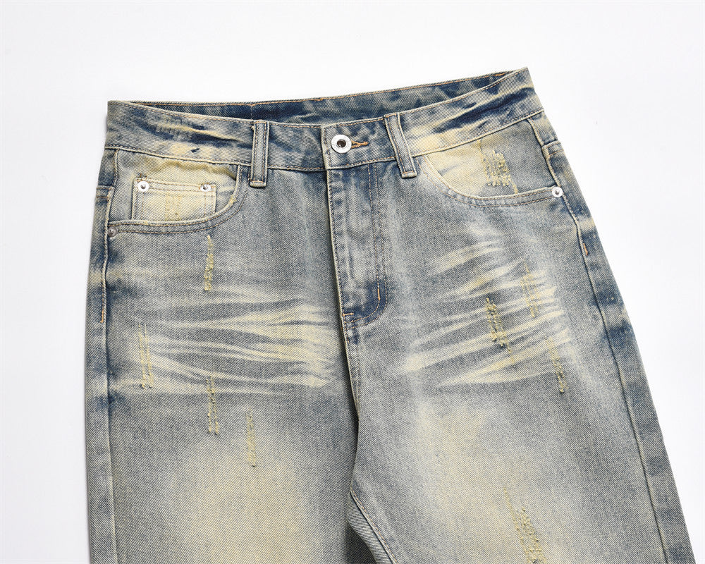 Distressed Scratches Denim Straight-leg Pants Men