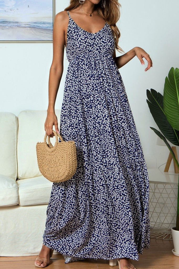 V-neck Dress Maxi Dress With Small Floral Strap