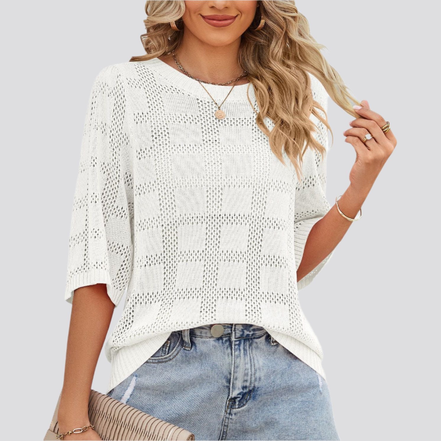 Women's Round Neck Hollowed Out Sun Protection Shirt Knitted Sweater Cover Up