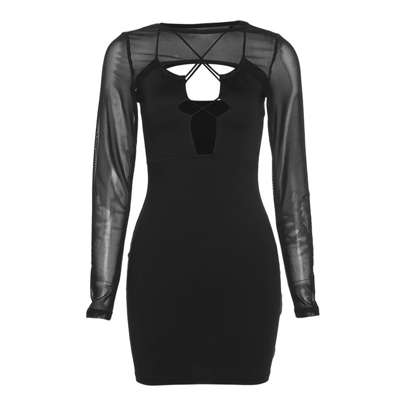 Addison Black Mesh Cross Mini Dress Hollow Out