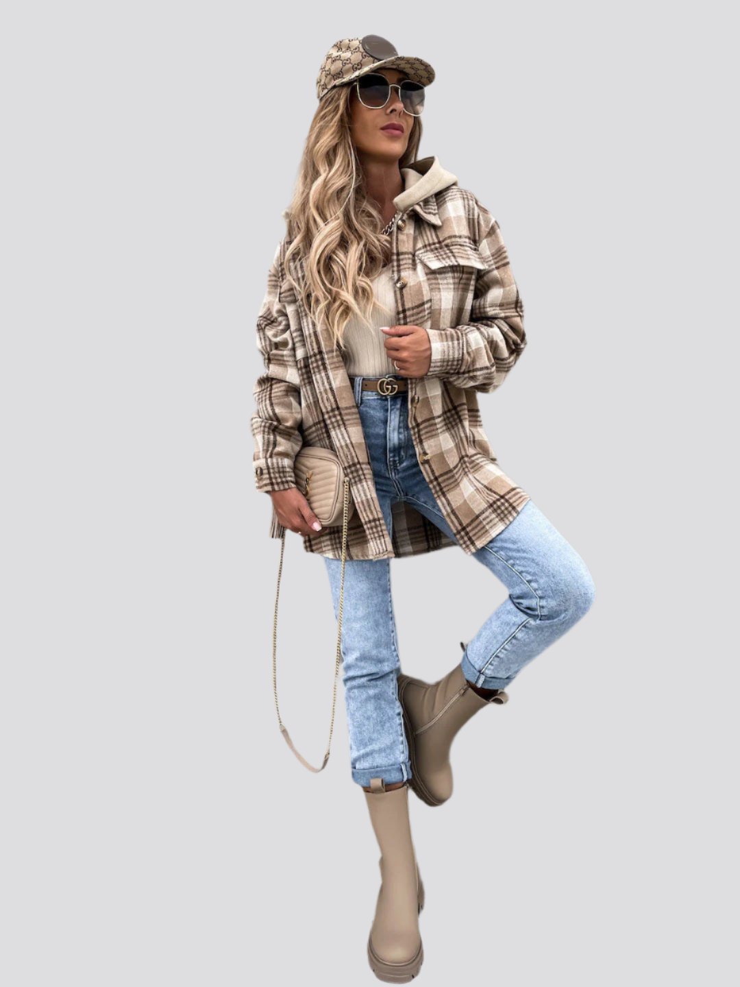 Ins Women's Woolen Jacket Winter Fashion Plaid Hooded Coat With Detachable Cap And Pockets Design Shirt Outerwear