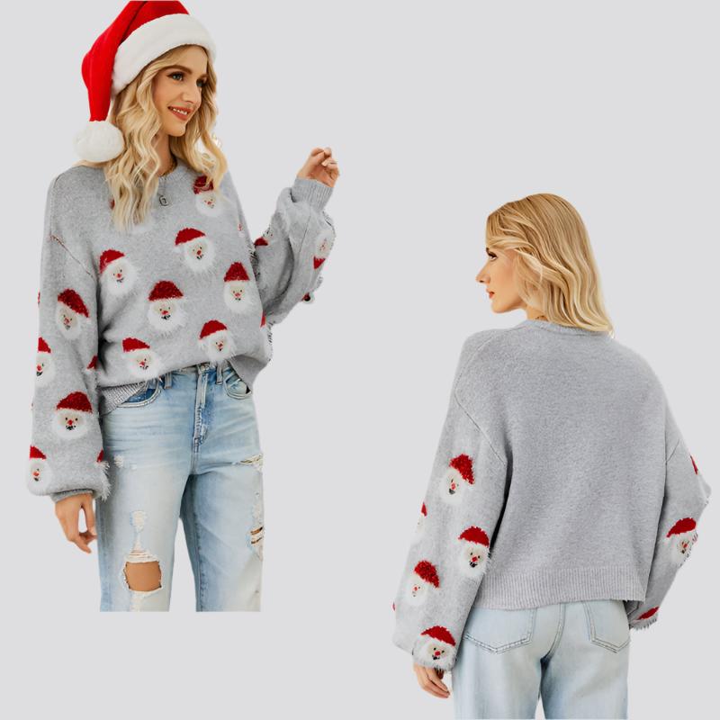 Christmas Sweater Women Cute Cartoon Santa Print Knit Sweater Winter Tops