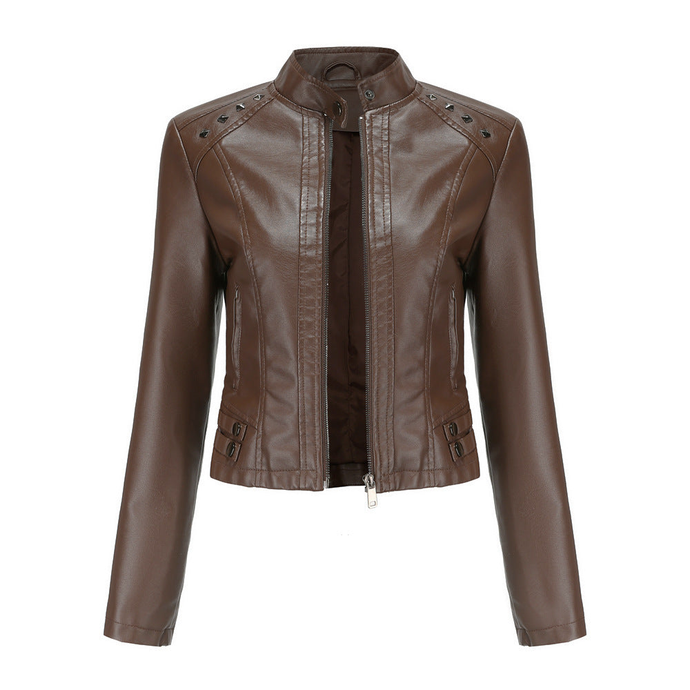 Studded Leather Women Short Jacket Long Sleeves