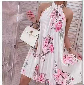 Fashion Printed Neck Sleeveless Backless Short Mini Dress