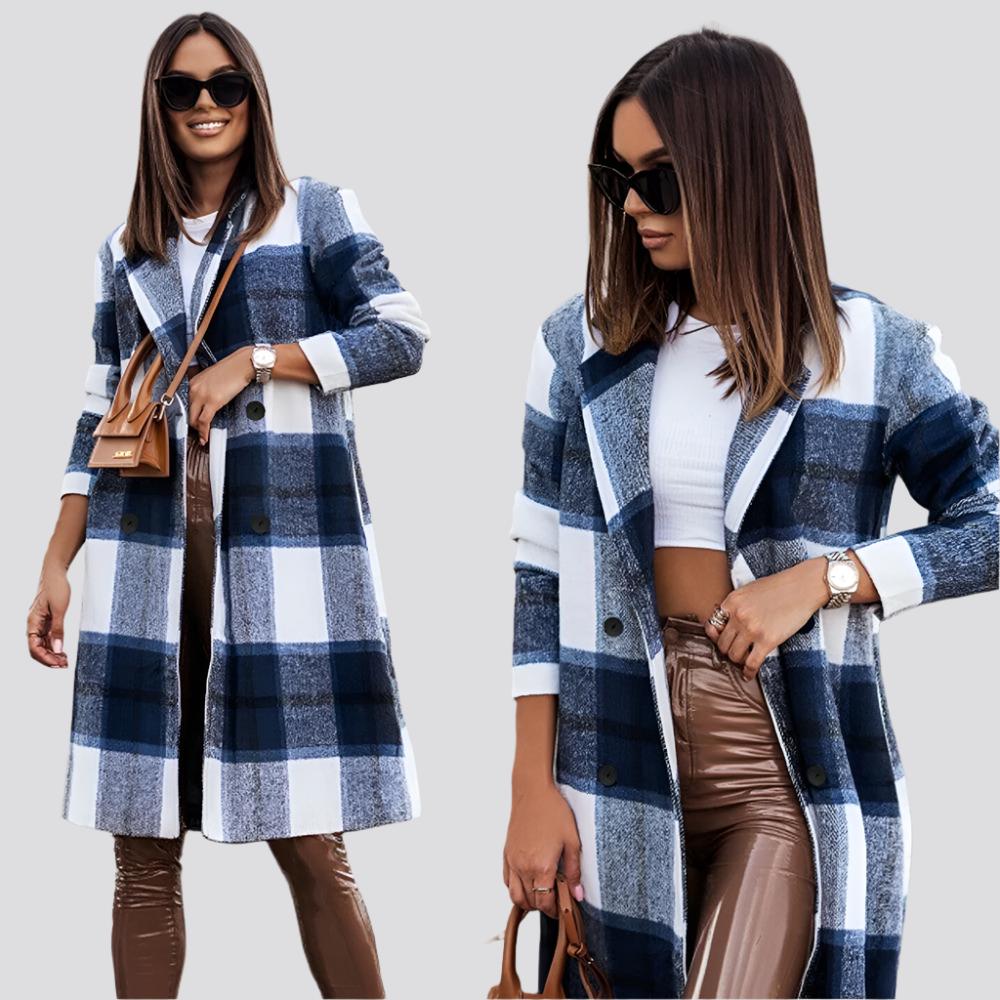 Fashio Women's Mid-length Plaid Print Coat