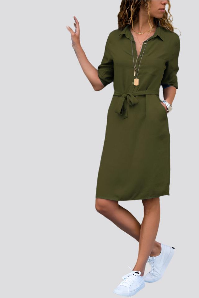 Lapel Collar Solid Color Three-Quarter Sleeve Dress