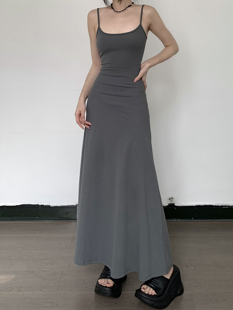 High-Waist Slimming Strap Dress, Solid Color Casual A-Line Knee-Length For Women