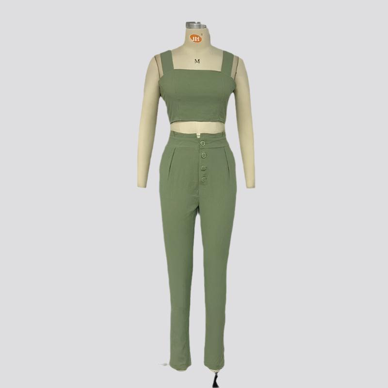 Solid Color Short Crop-top Spaghetti-strap Top High Waist Trousers Two-piece Set