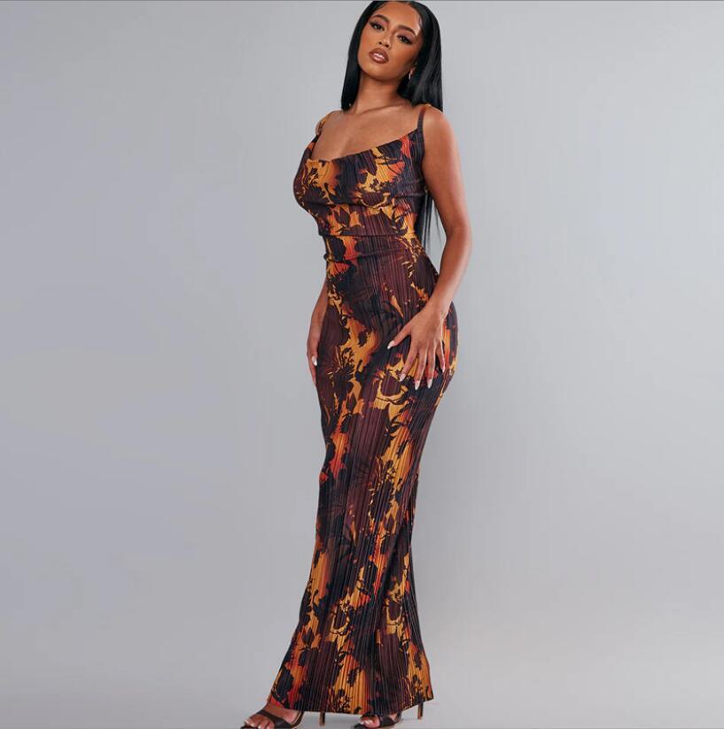 Printed Pleated Slim Fit Slimming Spaghetti Straps Maxi Dress