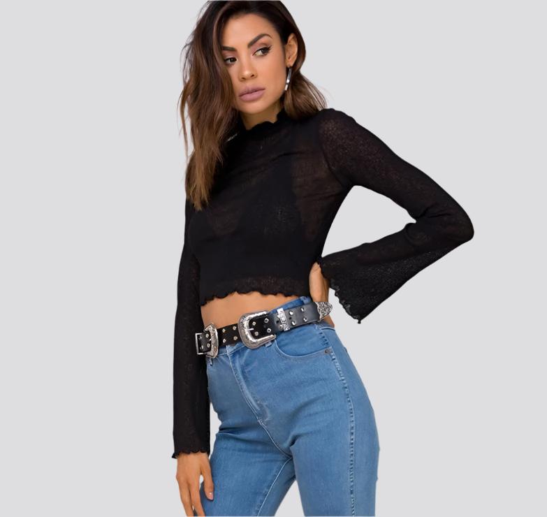 Simenual Half turtleneck t-shirts for women crop top hollow out ruffles flare sleeve female t-shirt see through slim sexy shirts