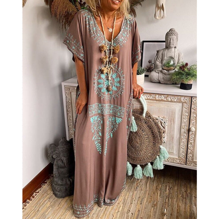 Loose V Neck Boho Print Dress Maxi Dress