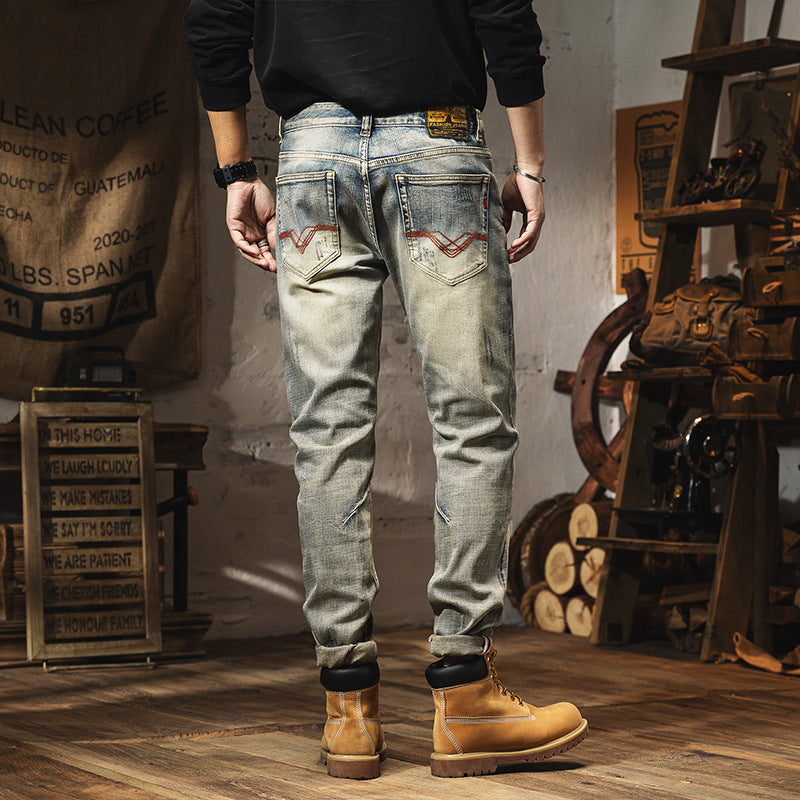 Vintage Distressed Jeans For Men's Slim Fit