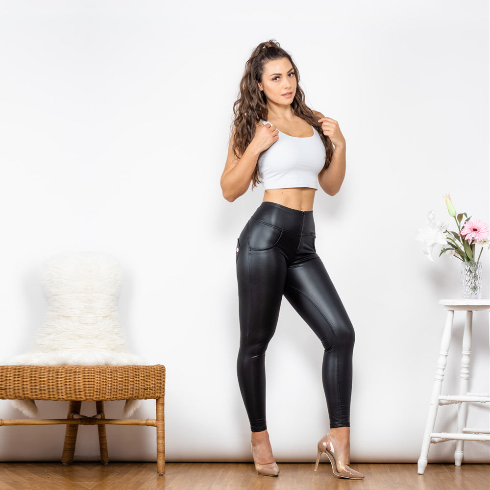 Shascullfites melody Four-way stretchable super tight leggings bum lifting thermal leather leggings matt black shaping effect