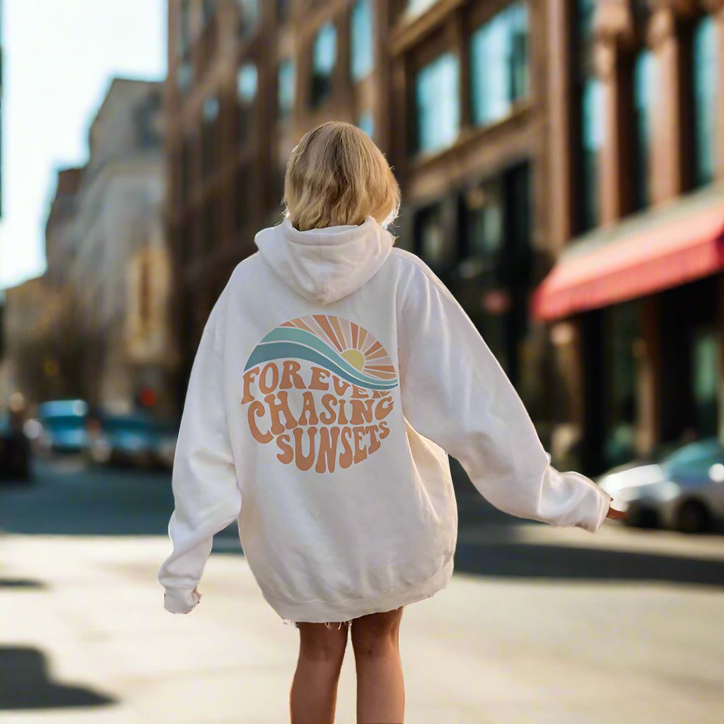 Fleece-lined Sunset Print Kangaroo Pocket Drawstring Hoodie