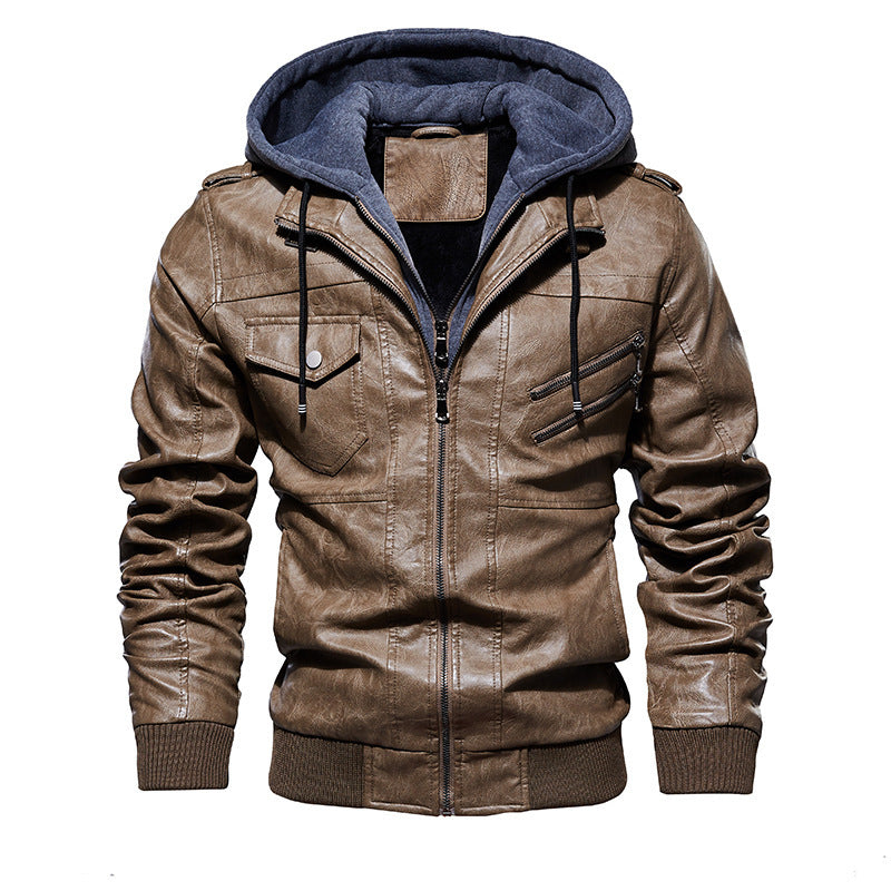 Men's Leather Jacket Men's PU Leather Hooded Leather Jacket