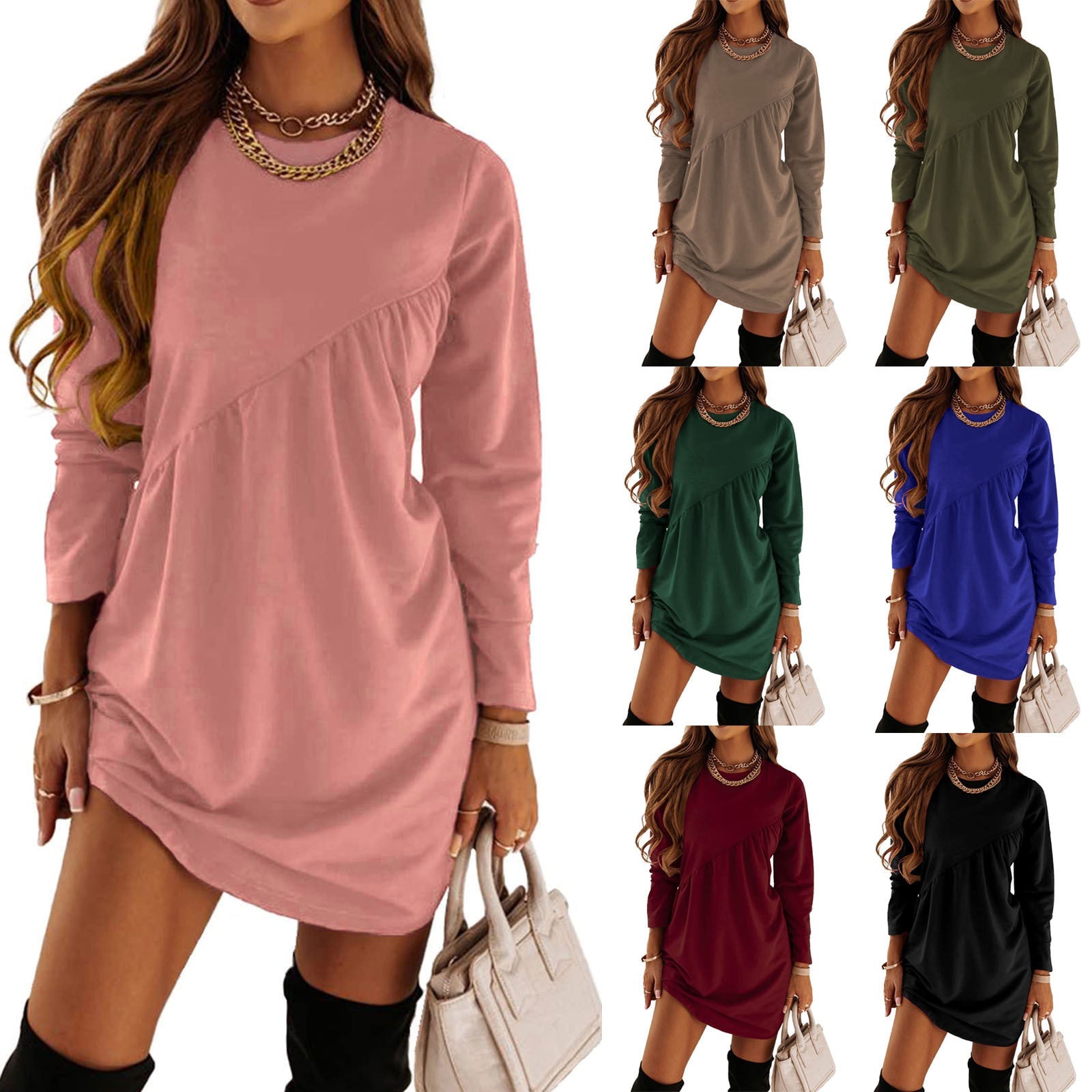 Women's Long Sleeve Mini Tunic Casual Round Neck Loose Dress