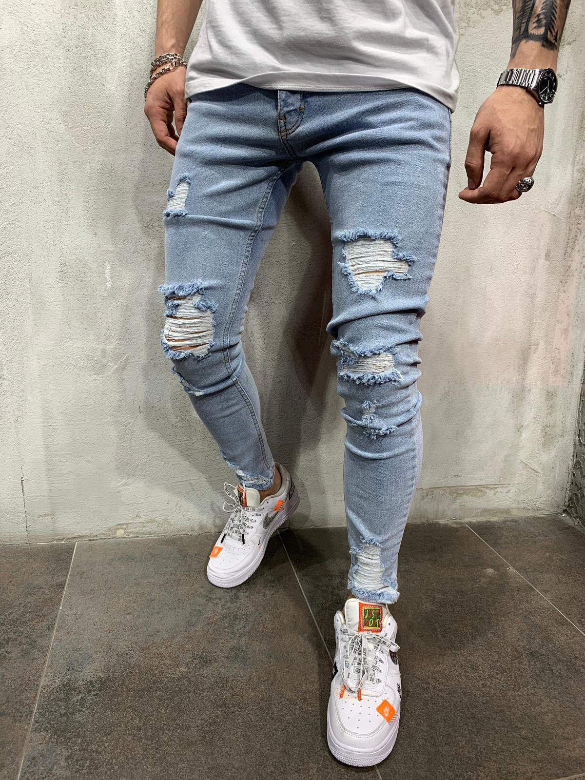 European And American High Street Men's Slim Fit Skinny Scrape Denim Trousers Fashionable Youth Ripped Jeans Large Size