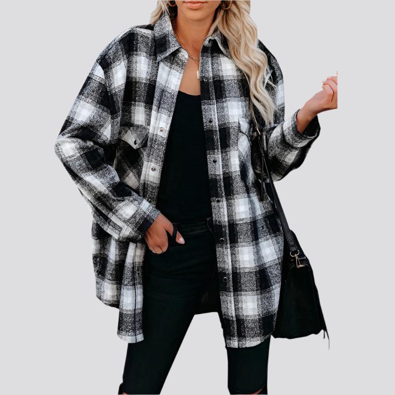 Plaid Shirt Women Spring Mid-length Loose Blouse Turndown Collar Shirt Clothing