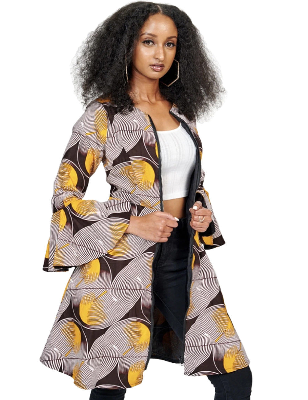 African Ethnic Print Flared Sleeve Midi Dress