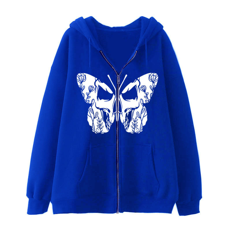 Casual Cardigan Dark Butterfly Print Zip Sweatshirt