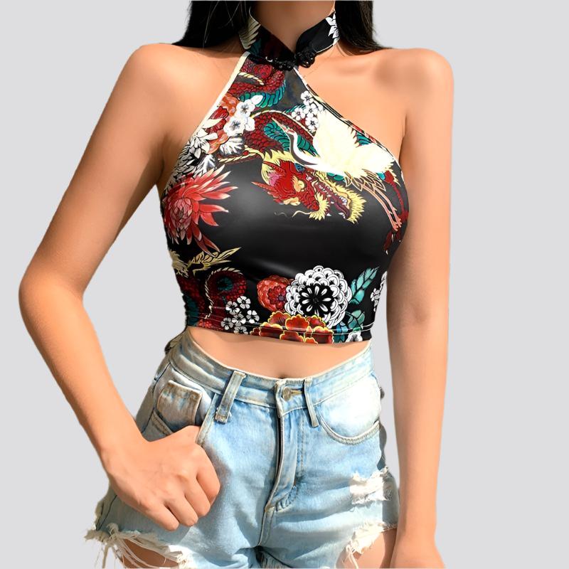 Chinoiserie Printed Halter Neck Buttoned Sexy Navel Crop Top