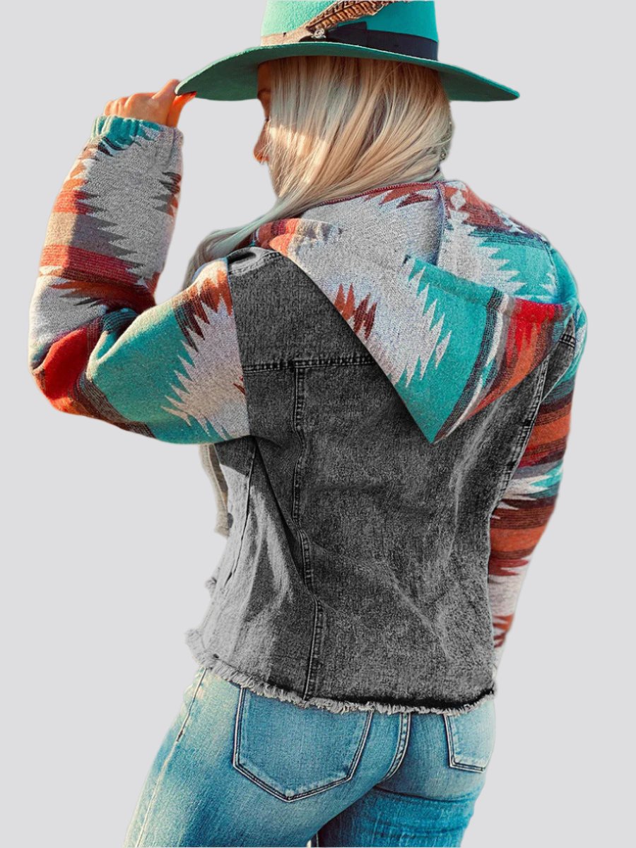 Western Style Denim Stitching Hooded Jacket Multi-color Printed Frayed Hem Jacket