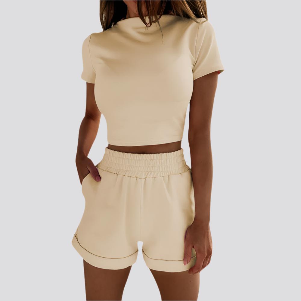 Casual Short Sleeve High Waist Crop Shorts Fashion Set