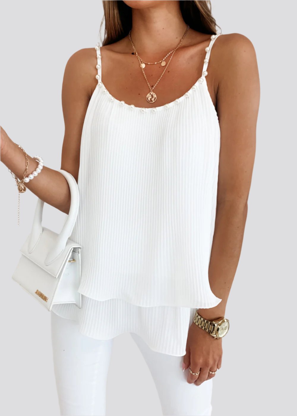 Pearl Camisole Top Women Ruffle Loose Shirt Summer